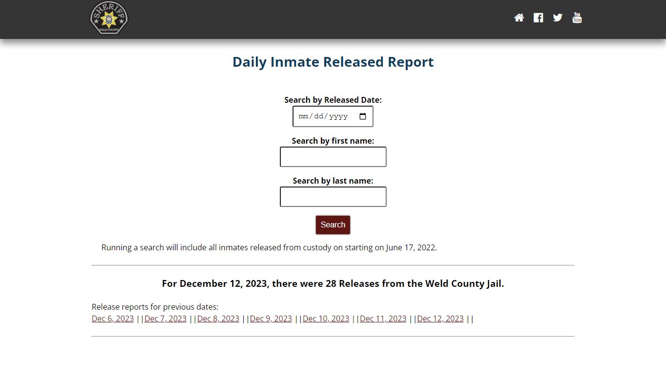 Weld County: Sheriff's Office Inmate Released Report